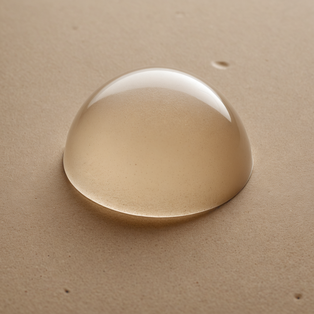 Dôme de liquide clair translucide posé sur une surface texturée couleur peau, illustration abstraite d'une ampoule au pied