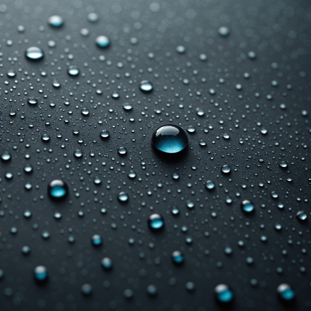 Gouttes d'eau perlant à la surface d'un matériau sombre sans y pénétrer, illustration de l'évacuation de l'humidité
