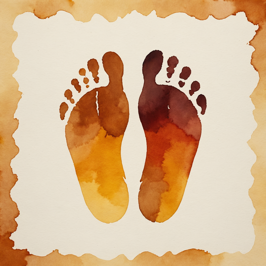 Deux empreintes de pieds à l'aquarelle, zones de pression en dégradés ambre et rouge sous l'avant-pied
